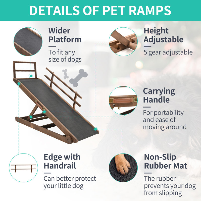 Tucker Murphy Pet Adjustable Dog Ramp Wooden Pet Ramp For Small Large Old Dogs Cats Gear With Paw Traction Mat Non Slip Pet Stair For Couch Sofa Car Folding Safety To